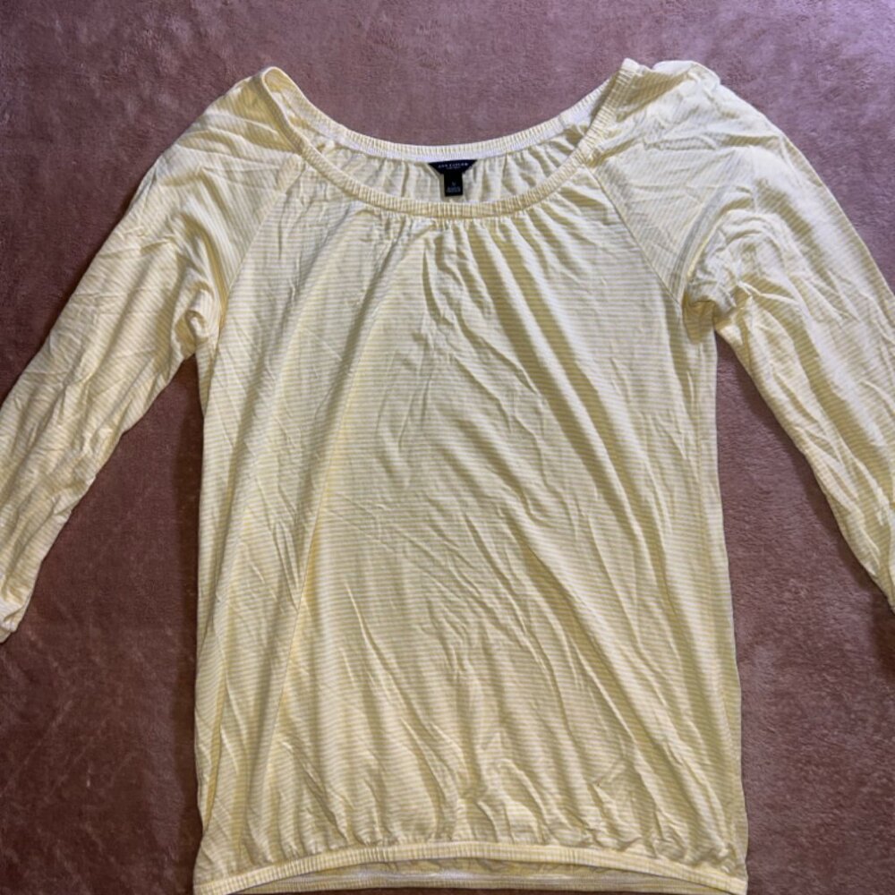 Ann Taylor Loft Women Small Yellow White Stripe Scoop Neck 3/4 Sleeve Blouse Top